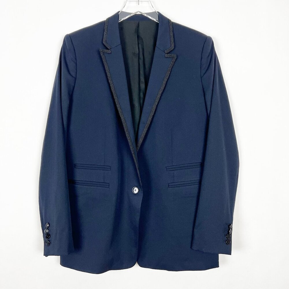 The Kooples Wool Blazer Womens 42 | US 10 Navy Black Braid Trim Single Breasted